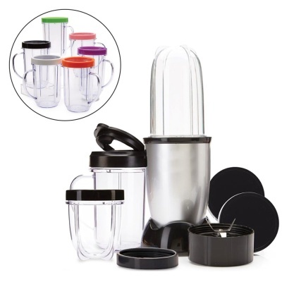 Conjunto de liquidificador portátil com copos transparentes e tampas coloridas