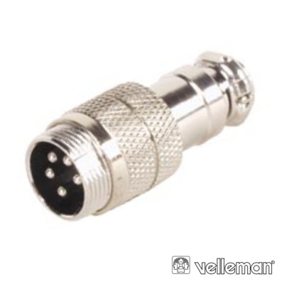Conetor metálico cilíndrico com cinco pinos e textura para aperto, fundo branco, logo velleman