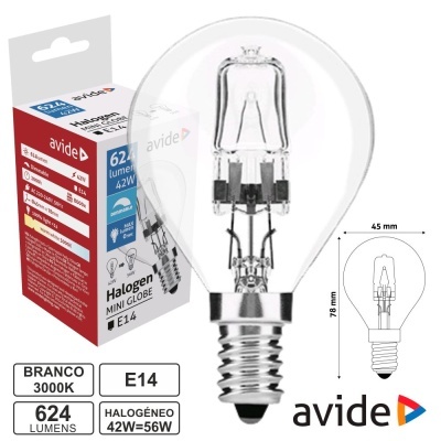 Lâmpada halogénea MINI GLOBE E14 42W 624 lumens 3000K avide
