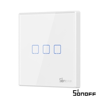 Interruptor de luz Sonoff branco com três botões azuis
