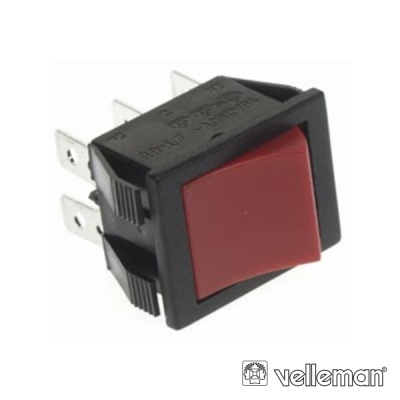 Interruptor quadrado preto com botão vermelho e terminais metálicos