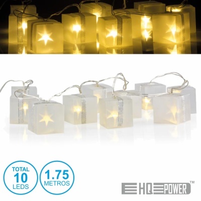 Cordão de luzes decorativas com LEDs em caixas brancas com estrelas