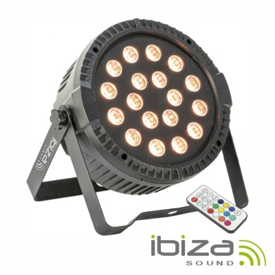 Refletor LED redondo preto com 18 LEDs e comando remoto multicolorido