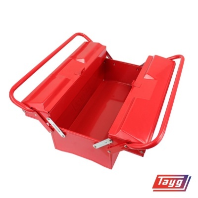 Caixa de ferramentas metálica vermelha com tampas basculantes e pegas laterais