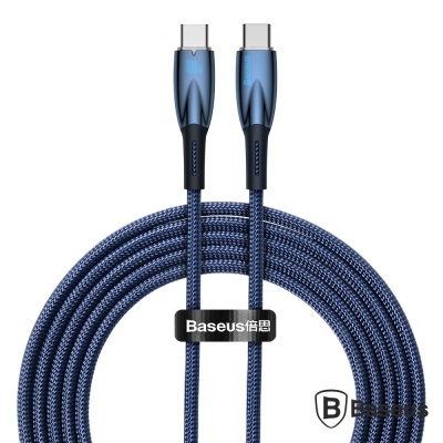 Cabo USB-C azul com acabamento trançado e fita organizadora da Baseus.
