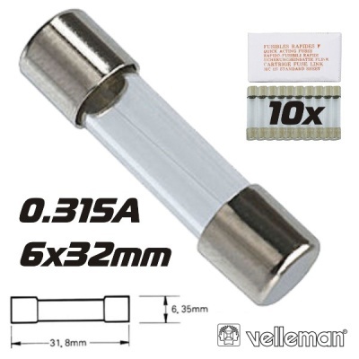 Fusível rápido cilíndrico de vidro 0.315A 6x32mm embalagem 10 unidades Velleman