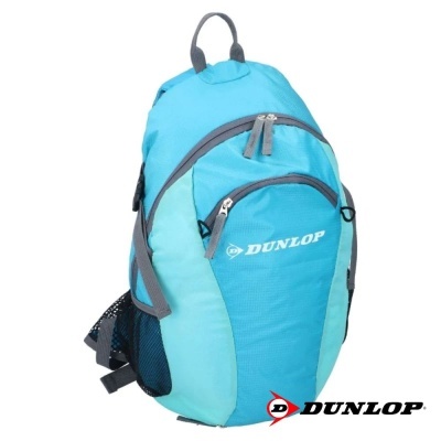 Mochila azul Dunlop com vários compartimentos e bolso lateral em rede