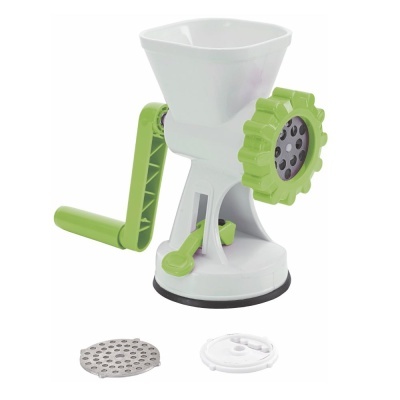 Picadora manual branca e verde com ventosa e duas lâminas circulares separadas