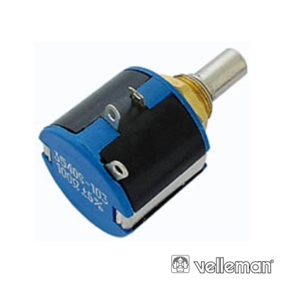 Potenciômetro rotativo azul e preto com eixo metálico e inscrições brancas