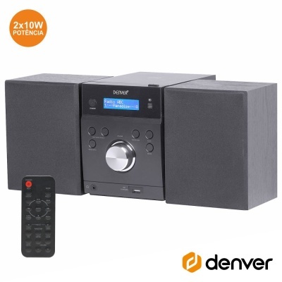 Sistema de som compacto Denver com duas colunas cinza e unidade central preta com ecrã LCD.
