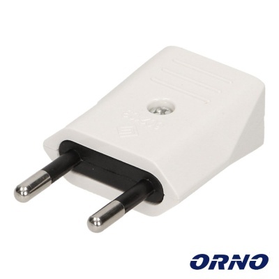 Plugue elétrico branco de dois pinos com corpo em plástico e texto ORNO