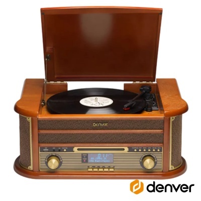 Aparelho de som vintage Denver com gravador de vinil, madeira castanha e botões dourados