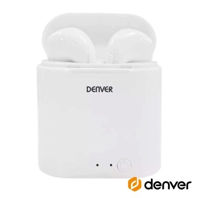 Auriculares brancos sem fios Denver com estojo e indicadores LED