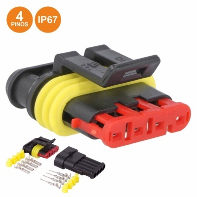 Conector elétrico preto, amarelo e vermelho com 4 pinos e acessórios, síntese com etiquetas coloridas