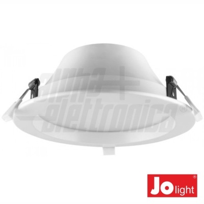 Luminária embutida circular branca com fixadores pretos e logo JO light