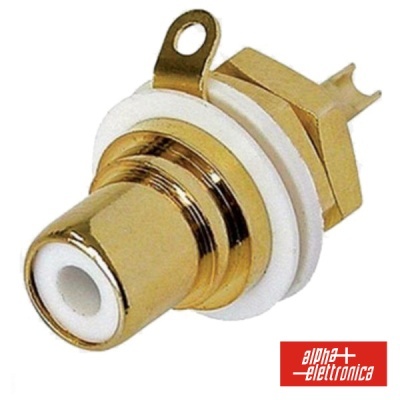 Conector RCA fêmea dourado com isolamento branco e suporte metálico