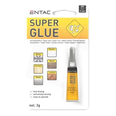 Cola instantânea Super Glue ENTAC em embalagem branca e amarela