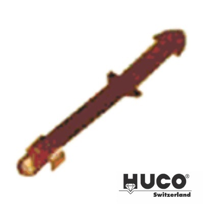 Objeto castanho-avermelhado longo com ponta dourada e fecho translúcido, logotipo HUCO Switzerland