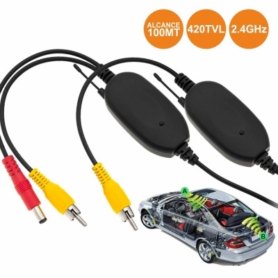 Cabo transmissor vídeo áudio com conectores RCA e unidade preta, mostrando alcance e frequência ao lado de imagem de carro.