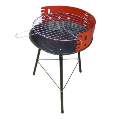 Grelhador redondo de churrasco com pernas pretas e proteção lateral vermelha
