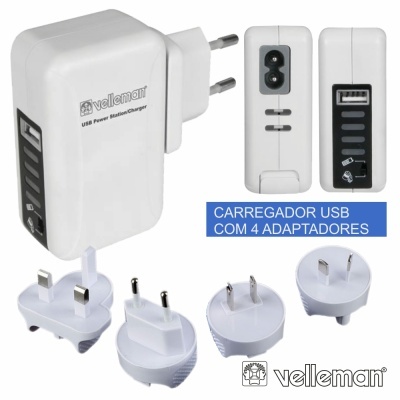 Carregador USB Velleman com 4 adaptadores para tomadas internacionais e texto descritivo.