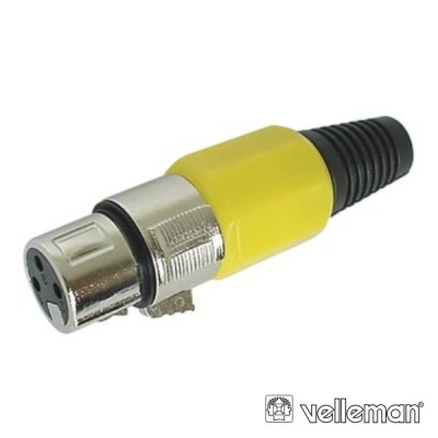 Conector XLR fêmea em metal e plástico amarelo com parte preta texturada