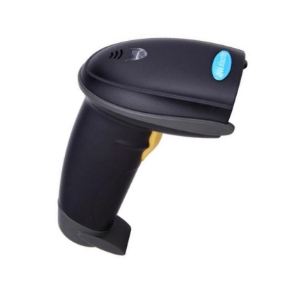 Leitor de código de barras manual preto com botão amarelo.