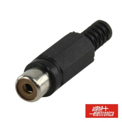 Conector RCA fêmea preto com parte metálica prateada e logótipo alpha elettronica
