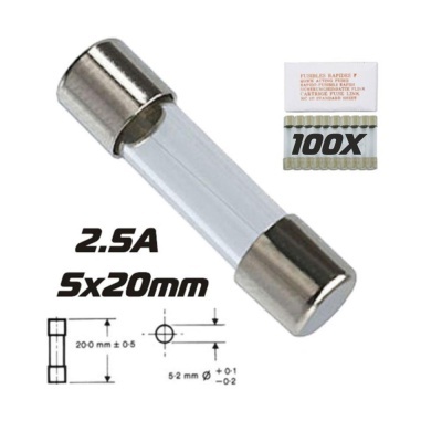 Fusível rápido de vidro 2.5A 5x20mm com diagrama técnico