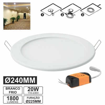 Painel LED redondo branco frio de 240mm com driver e instruções de instalação