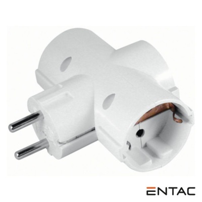 Adaptador elétrico branco tipo T com ficha e tomada e logotipo ENTAC