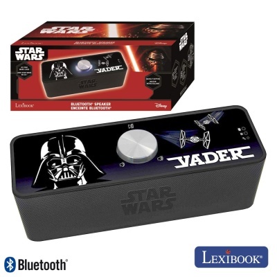 Coluna Bluetooth preta Star Wars com imagem de Darth Vader e texto VADER