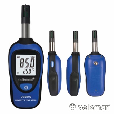 Medidor digital de humidade e temperatura Velleman DEM500 azul e preto com ecrã LCD