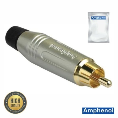 Conector RCA metálico prateado com ponta dourada e marcas Amphenol