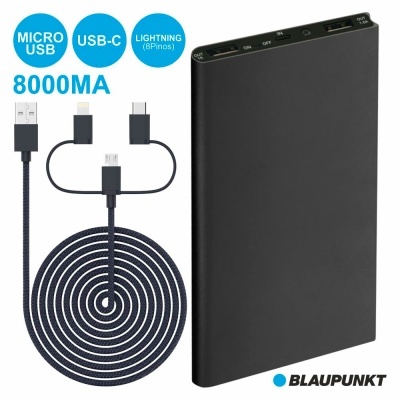 Carregador portátil preto BLAUPUNKT com 8000MA e cabo com múltiplas entradas
