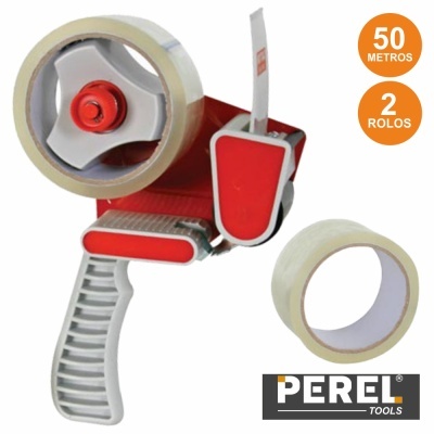 Dispenser de fita adesiva cinza e vermelho com dois rolos de fita e etiquetas laranjas