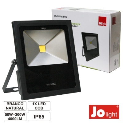 Projetor de luz LED JoLight preto com LED COB amarelo e caixa branca com texto e imagens