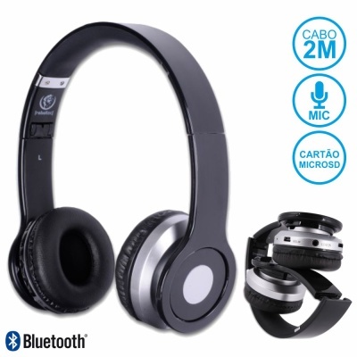 Auriculares Bluetooth pretos e prateados com microfone e suporte para cartão MicroSD
