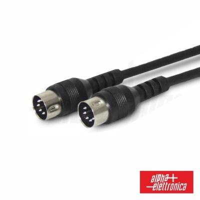 Cabo preto com conectores redondos metálicos com pinos e etiqueta vermelha alpha elettronica