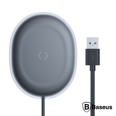 Carregador sem fios oval cinza com cabo USB preto