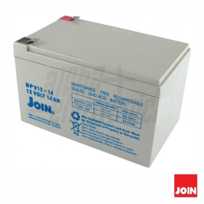 Bateria recarregável selada cinzenta com texto azul e especificações