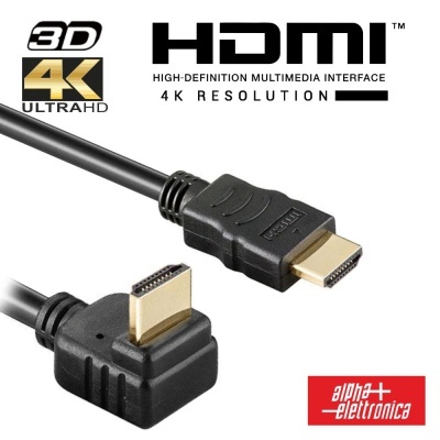 Cabo HDMI preto com conetores dourados e texto 3D 4K ULTRAHD HDMI 4K RESOLUTION.