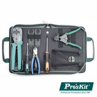 Conjunto de ferramentas profissionais ProsKit em bolsa cinza com várias ferramentas organizadas.