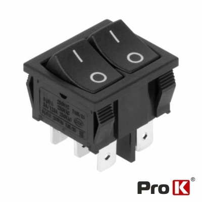 Interruptor duplo retangular preto com botões de alavanca e conectores metálicos