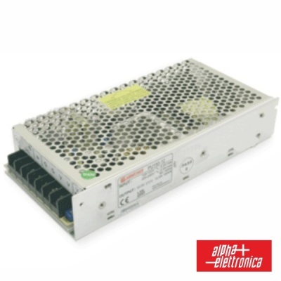 Transformador eletrónico metálico prateado com etiquetas e logótipo Alpha Elettronica