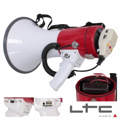 Megafone branco e vermelho LTC Audio com altifalante grande e caixa de bateria separada