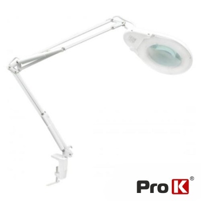 Lupa articulada branca com base de fixação para mesa e lente redonda