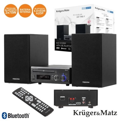 Sistema áudio Hi-Fi preto Krüger&Matz com colunas, comando à distância e caixa