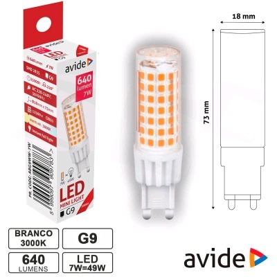 Lâmpada LED mini light G9 Avide com embalagem branca e vermelha e medidas da lâmpada