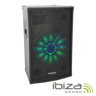 Coluna de som preta com luzes LED verdes e azuis e logotipo Ibiza Sound